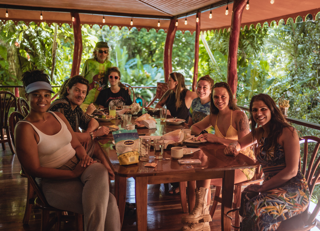 A group wellness/ spiritual retreat enjoys a meal together in our restaurant 